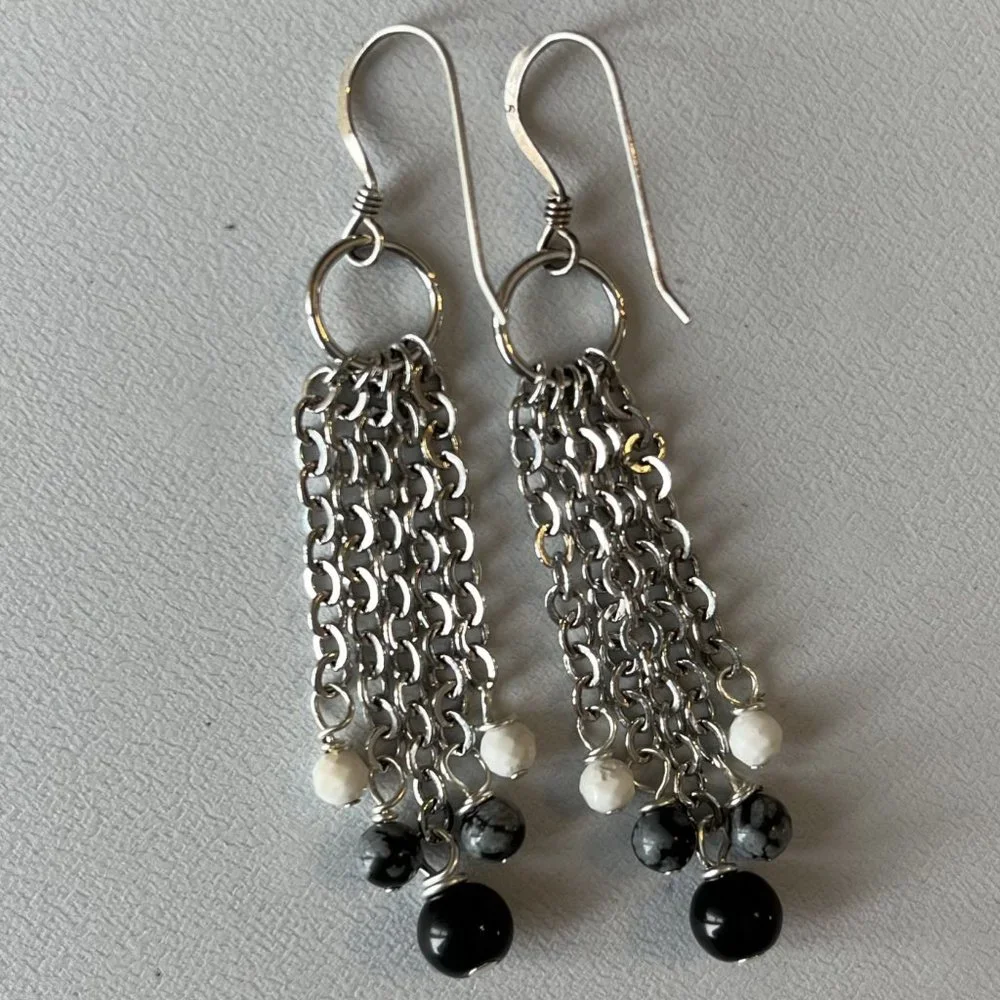 Black Obsidian and Howlite with Silver Chain Genuine Gemstone Earrings, Handmade - Picture 5 of 5